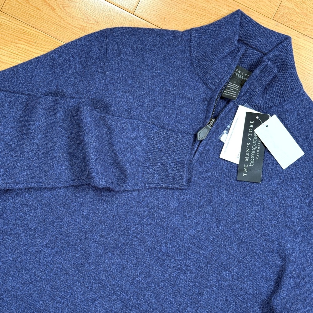 *NWT* Bloomingdales Mens 100% Cashmere Quarter Zip Sweater Ocean Blue Size SMALL